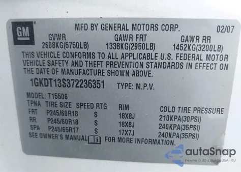 2007 GMC Envoy Sle from USA, damaged, VIN 1GKDT13S372236351